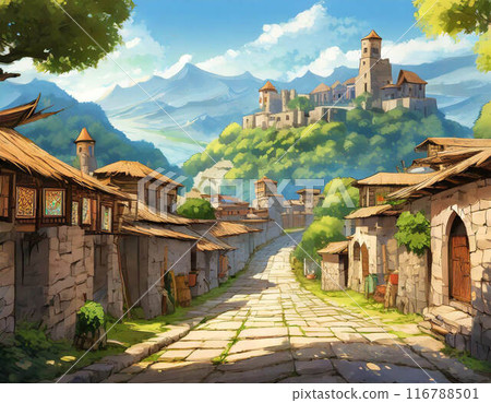 Game background: European-style rural town entrance with cobblestone streets 116788501