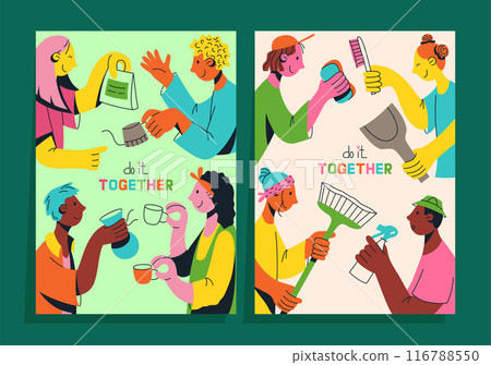 Set of posters with multicultural team of young people flat vector illustration. Unity in diversity. People are doing something together. Set of posters with multicultural team of young people flat vector illustration. Unity in diversity. People are doing something together. 116788550