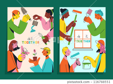 Set of posters with multicultural team of young people flat vector illustration. Unity in diversity. People are doing something together. 116788551