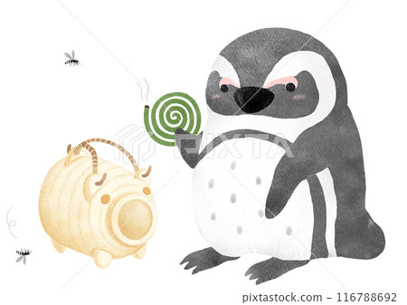 Watercolor illustration of a mosquito repellent pig and a penguin holding a mosquito coil 116788692
