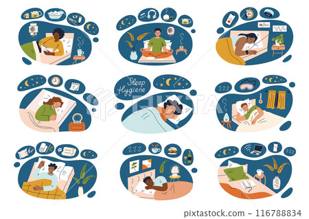 Sleep hygiene vector illustration set. Compositions collection with bedtime habits, tips, healthy routine. Flat cartoon people in cozy bedroom. Sleeping environment, organic bedding, evening rituals 116788834