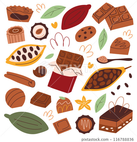 Vector illustration set of chocolate treats, candies, cakes, bars, cocoa beans. Flat, cartoon style, perfect for dessert and sweet themes. Delicious chocolate collection, isolated colored clipart 116788836