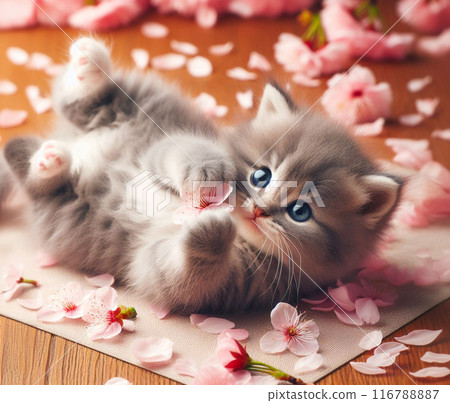 Cute kitten playing with cherry blossom petals Cute kitten playing with cherry blossom petals 116788887