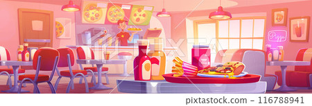 Pizzeria interior with pizza on table and cashier Pizzeria interior with pizza on table and cashier 116788941