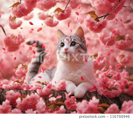 可愛的小貓玩櫻花花瓣 116788946