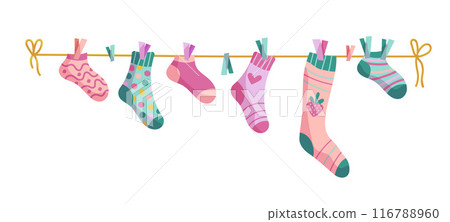 Clothesline socks. Socks on a rope, Baby socks with patterns vector cartoon. 116788960