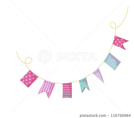 Bunting garland doodle. Doodle birthday garland of flags. Festival or Christmas party bunting border decoration. 116788964