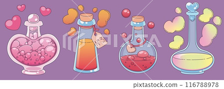 Love potion bottle. Magic heart chemistry game Love potion bottle. Magic heart chemistry game 116788978