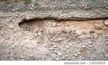 Close-up of washed out road, deterioration of infrastructure Close-up of washed out road, deterioration of infrastructure 116789450