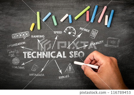 Technical SEO Concept. Illustration with icons, arrows and keywords on a black chalkboard background 116789453