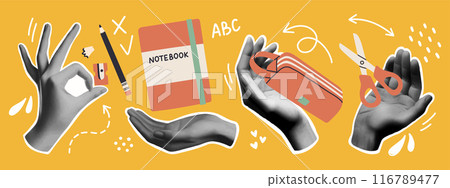 Back to school collage hands set. Trendy vector gesture signs. Modern forms for card, print on cloth. Halftone hands. 116789477