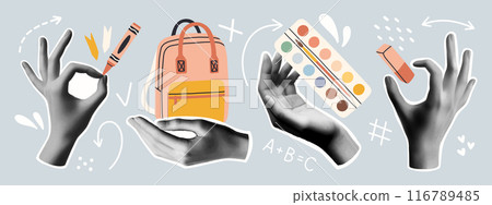 Back to school collage hands set. Trendy vector gesture signs. Modern forms for card, print on cloth. Halftone hands. 116789485