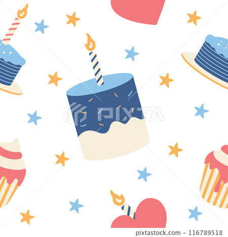 Cute Birthday Cake Cupcake Seamless Pattern Motif Decoration Vector Illustration 116789518