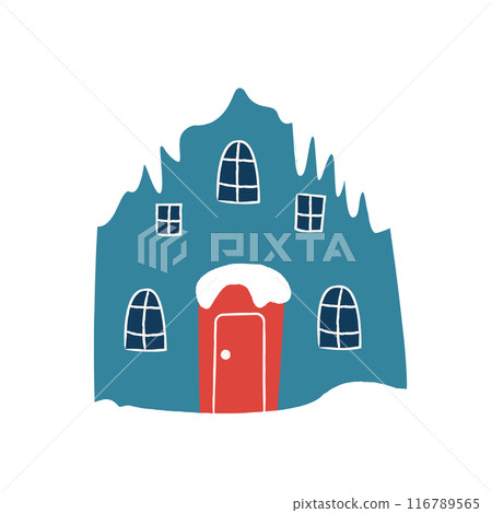 This cozy illustration features a snowcapped winter cottage with a distinctive red door 116789565
