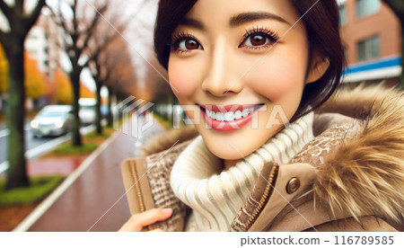 A young woman smiling and standing on a tree-lined road in late autumn A young woman smiling and standing on a tree-lined road in late autumn 116789585
