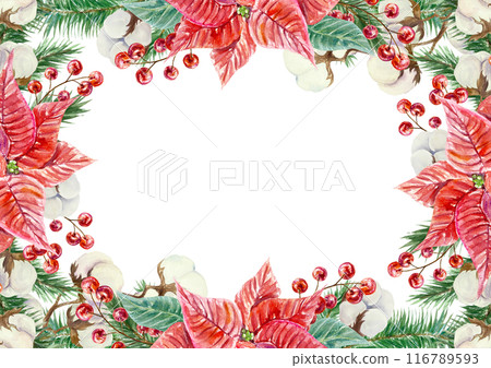 Poinsettia frame, horizontal. Fir branches, cotton, berries. Christmas flowers. Hand drawn watercolor illustration isolated on white. New Year greeting cards, invitations, posters, banners, labels. 116789593