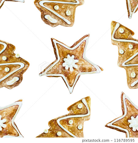 Ginger cookies seamless pattern. Hand drawn watercolor illustration isolated on white background. For Christmas, New Year greeting cards, covers, wrapping paper, textiles, fabric, wallpaper, labels. Ginger cookies seamless pattern. Hand drawn watercolor illustration isolated on white background. For Christmas, New Year greeting cards, covers, wrapping paper, textiles, fabric, wallpaper, labels. 116789595