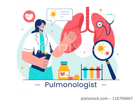 Pulmonologist Vector Illustration with Pulmonology Doctor, Lungs, Respiratory System Examination, and Treatment in Flat Style Cartoon Background 116789607