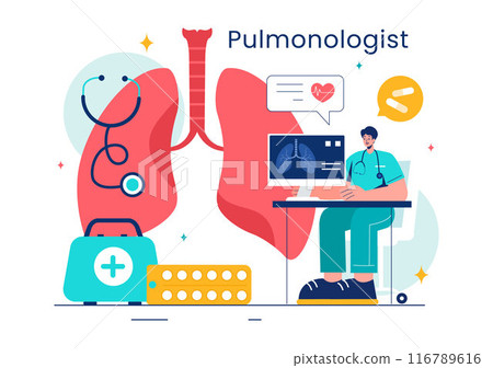Pulmonologist Vector Illustration with Pulmonology Doctor, Lungs, Respiratory System Examination, and Treatment in Flat Style Cartoon Background 116789616