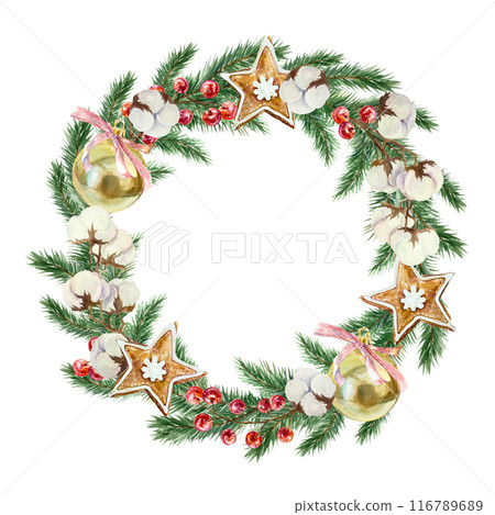 Christmas wreath. Fir branches, cotton, gingerbread cookies, berries, golden balls. Watercolor illustration isolated on white. New Year cards, invitations, posters, banners, covers, labels. 116789689