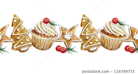 Gingerbread cookies seamless border, cupcakes. Hand drawn watercolor illustration isolated on white. Christmas, New Year greeting cards, covers, wrapping paper, textiles, fabric, wallpaper, labels. Gingerbread cookies seamless border, cupcakes. Hand drawn watercolor illustration isolated on white. Christmas, New Year greeting cards, covers, wrapping paper, textiles, fabric, wallpaper, labels. 116789735