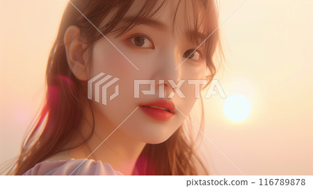Portrait of a beautiful young and cute Japanese female model with beautiful skin against the backdrop of a sunset Portrait of a beautiful young and cute Japanese female model with beautiful skin against the backdrop of a sunset 116789878