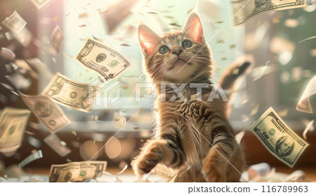 Rich cat with flying money. Funny success pet with wealth. Cat boss. Happy animal with cash. Finance win 116789963