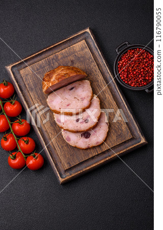 Smoked meatloaf or sausage with salt, spices and herbs 116790055