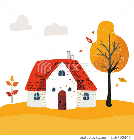 Cartoon Village House with a tiled roof. Folk yellow tree and clouds. Postcard and poster. For children print and textiles Cartoon Village House with a tiled roof. Folk yellow tree and clouds. Postcard and poster. For children print and textiles 116790445