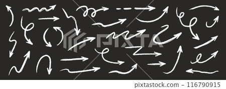 Arrow crayon brush doodle chalk line stroke. Sketch pencil texture line scribble arrow icon. Hand drawn grunge crayon brush sketch direction element on chalkboard. Vector 116790915