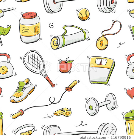 Doodle gym sketch health seamless pattern background. Hand drawn sketch doodle healthy sport, gym fit exercise equipment background. Seamless pattern tennis ball, bottle, dumbbell. Vector 116790916