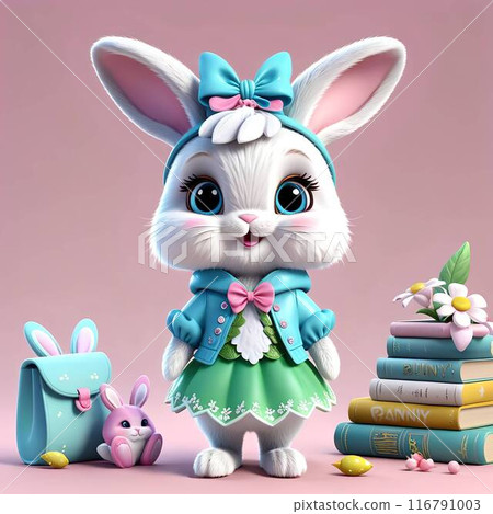 A cute little bunny in a blue shirt and a bright green skirt. 116791003