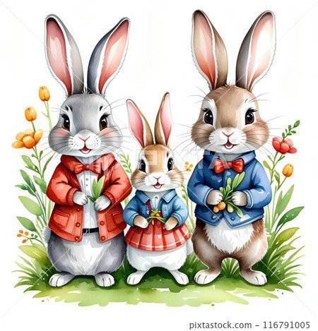 A family of little rabbits in a flower field. A family of little rabbits in a flower field. 116791005