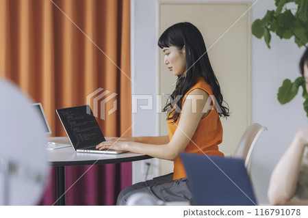 在個人計算機上工作的年輕女子 116791078
