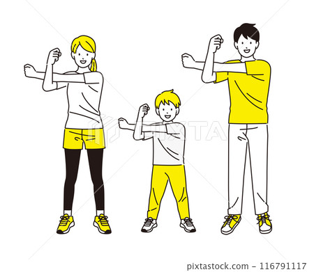 Family doing exercises together: arm stretches 116791117