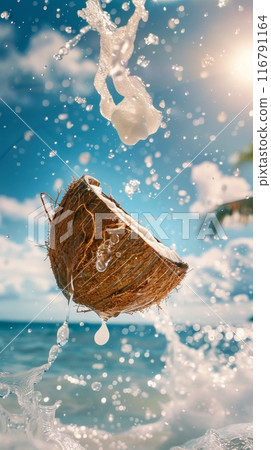 Coconut with milk on the background of the sea beach with palm trees Coconut with milk on the background of the sea beach with palm trees 116791164