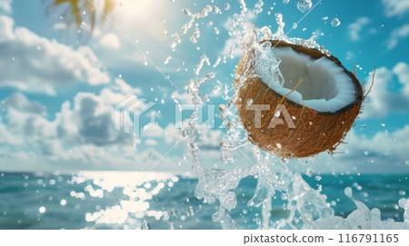 Coconut with milk on the background of the sea beach with palm trees 116791165