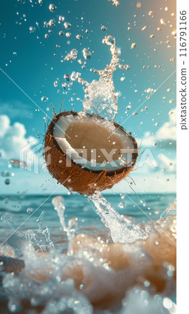 Coconut with milk on the background of the sea beach with palm trees 116791166