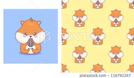Cute hamster eats seed. Seamless pattern with funny cartoon rodent kawaii character on yellow. Isolated card and background. Vector illustration. Kids collection. 116791267
