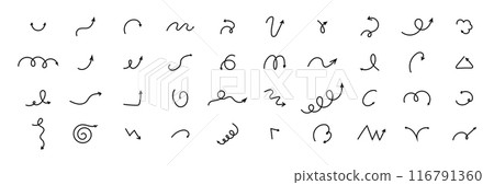 Spiral arrow doodle, wavy twist minimal squiggly line set. Curve comic turn way direction. Playful quirky simple free hand elements. Spiral arrow doodle, wavy twist minimal squiggly line set. Curve comic turn way direction. Playful quirky simple free hand elements. 116791360