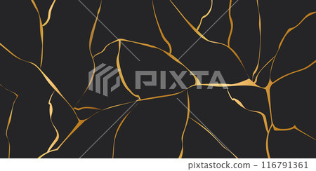 Kintsugi gold simple break lines, asian geaometric crackle. Surface with crack print, effect. Moderm cover golden broken texture. 116791361