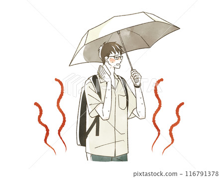 A man feeling hot with a parasol A man feeling hot with a parasol 116791378