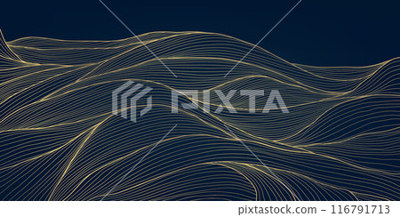 Vector wave japanese background, line sea, ocean gold on blue pattern. Flow water curve graphic, luxury asian water illustration Vector wave japanese background, line sea, ocean gold on blue pattern. Flow water curve graphic, luxury asian water illustration 116791713