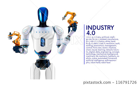 AI management work robots on factory. Humanoid robot with artificial intelligence or AI controls robotics arms on factory or manufacture. Industry 4.0. AI technology in industrial revolution. Concept 116791726