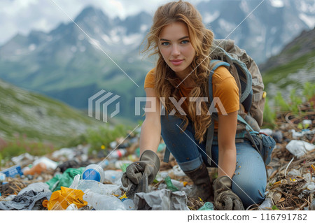 Woman volunteer is picking up trash in the mountains 116791782