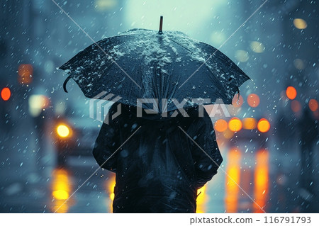 Person is walking in the rain with an umbrella. Dark and moody, melancholy 116791793