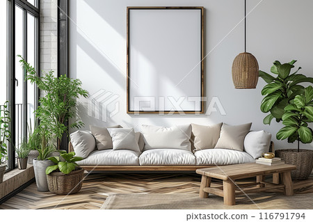 White minimalistic living room with a large framed picture mockup on the wall and a couch with pillows 116791794