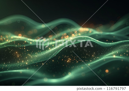 Background of green wave with lots of gold sequins on it 116791797