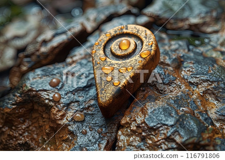 Small round object of golden and brownish colors in the form of a pin lies on a stone 116791806