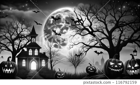 halloween background black and white with pumpkins and bats 116792159